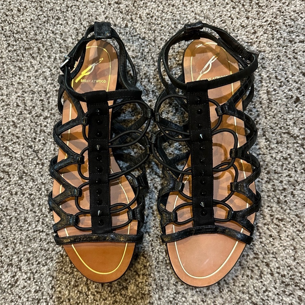 BRIAN ATWOOD Size 6.5 Black Gladiator Agustina Snake Sandals Studs Spikes R $220 - Picture 2 of 9